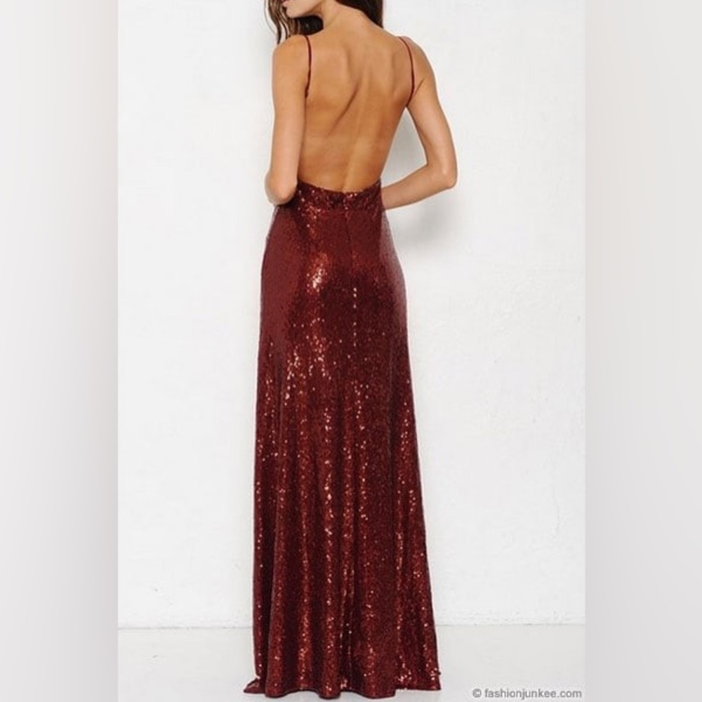 L’Atiste Backless Open Back Sequin Full length Maxi Dress-Burgundy Dark Red L - Picture 4 of 11